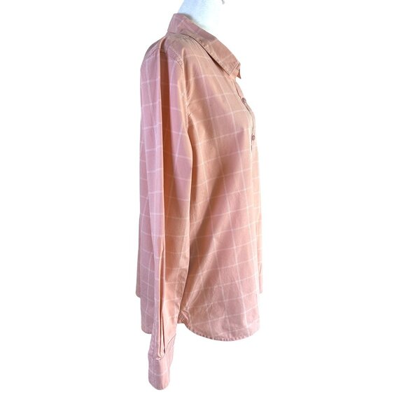 Garnet Hill Shirt Top Blouse Size 12 Window Pane Plaid Peach White EUC Organic C - Picture 3 of 8